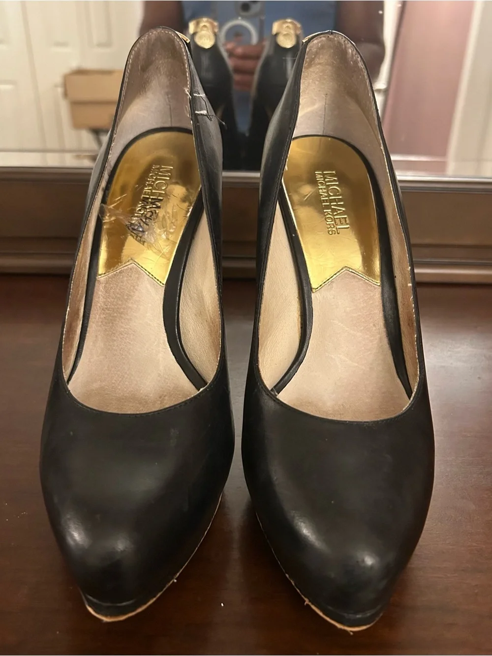 Michael Kors Black Leather High Heel Pumps with Gold MK Medallions